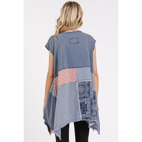Mittoshop Patchwork Mineral Wash Round Neck Cap Sleeves Asymmetrical Top | Navy - Picture 2 of 5